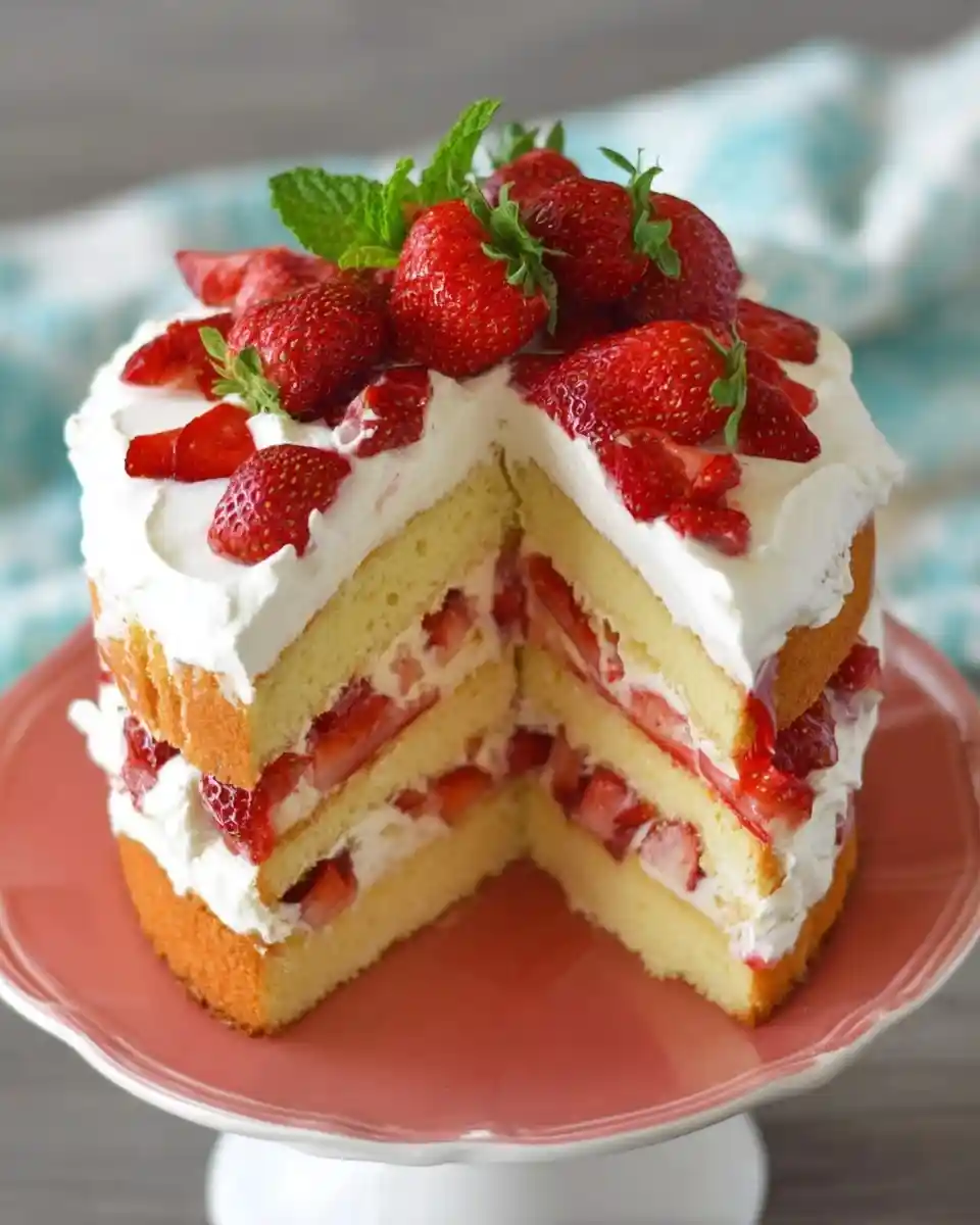 A sliced {{ $('Fetch Recipe Data').first().json["Main Keyword"] }} with whipped cream and fresh strawberries.