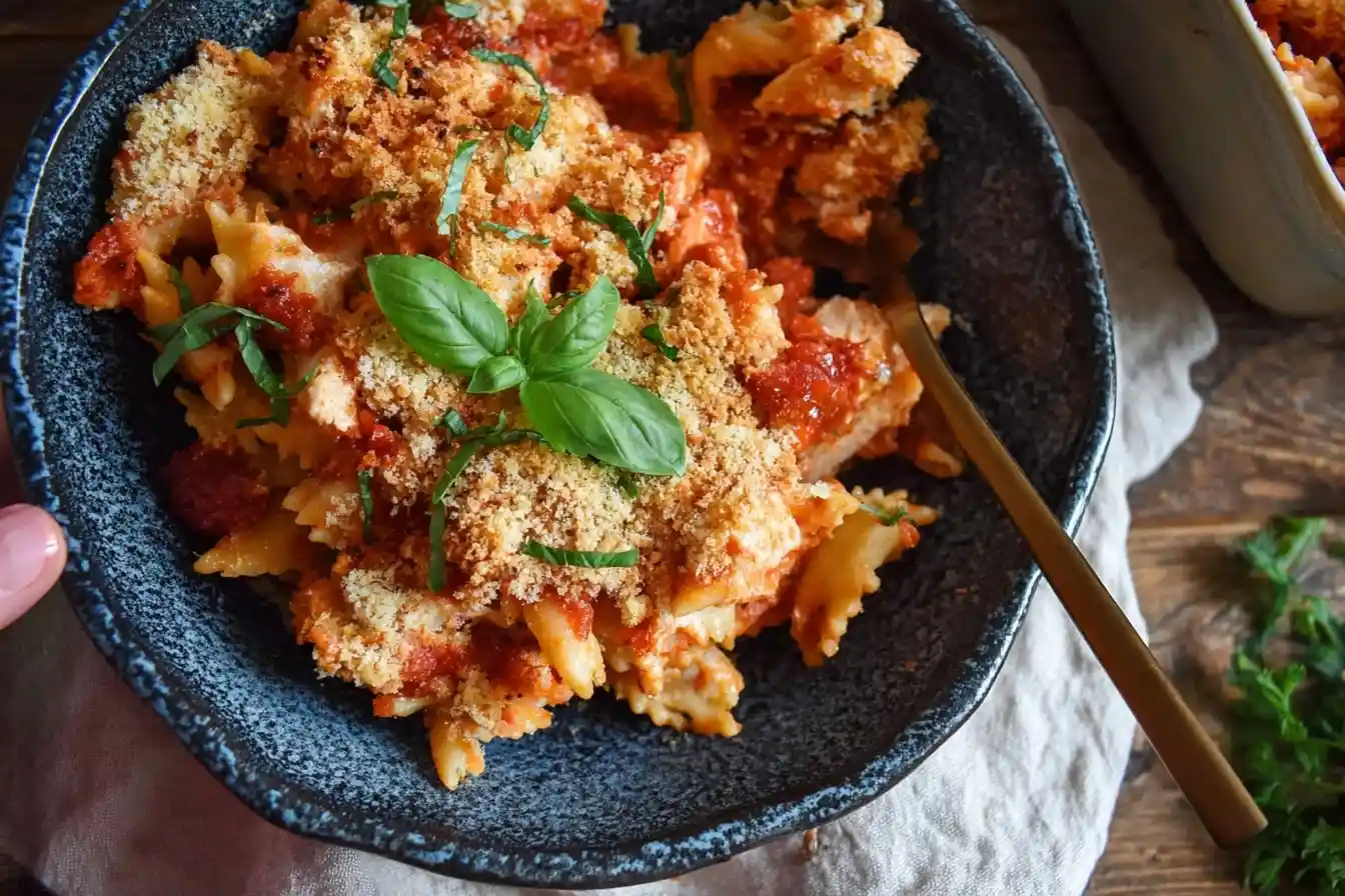 A serving of {{ $('Fetch Recipe Data').first().json["Main Keyword"] }} in a dark bowl with breadcrumbs and fresh basil.