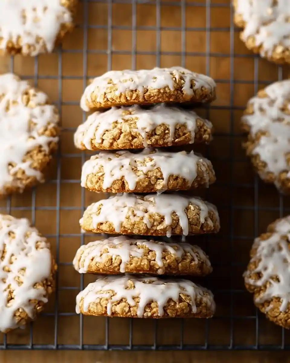 A tall stack of freshly baked iced oatmeal cookies on a wire cooling rack, topped with a sweet vanilla glaze.