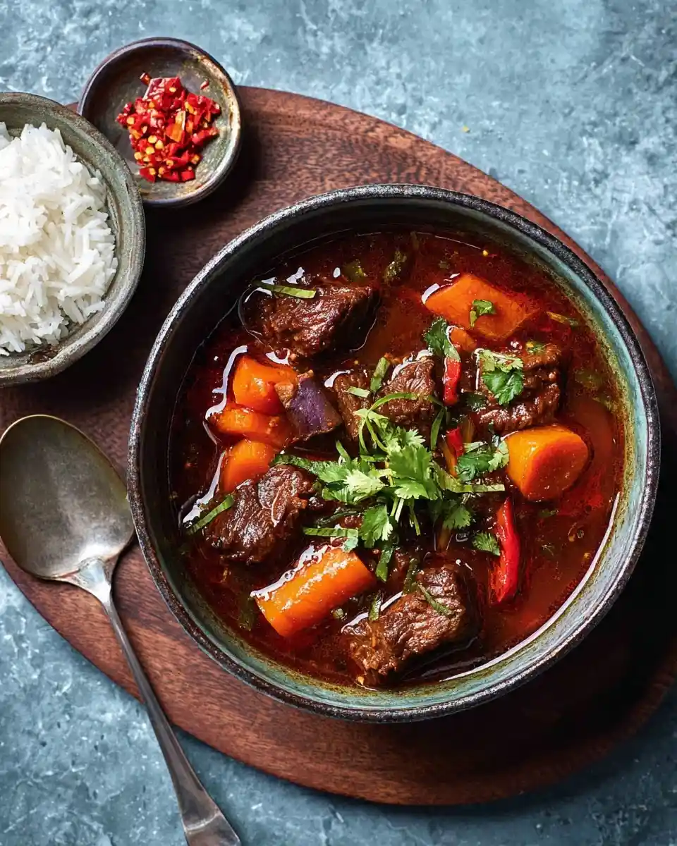 A bowl of rich beef stew with carrots and cilantro, served with white rice and fresh chopped chilies on a wooden board.