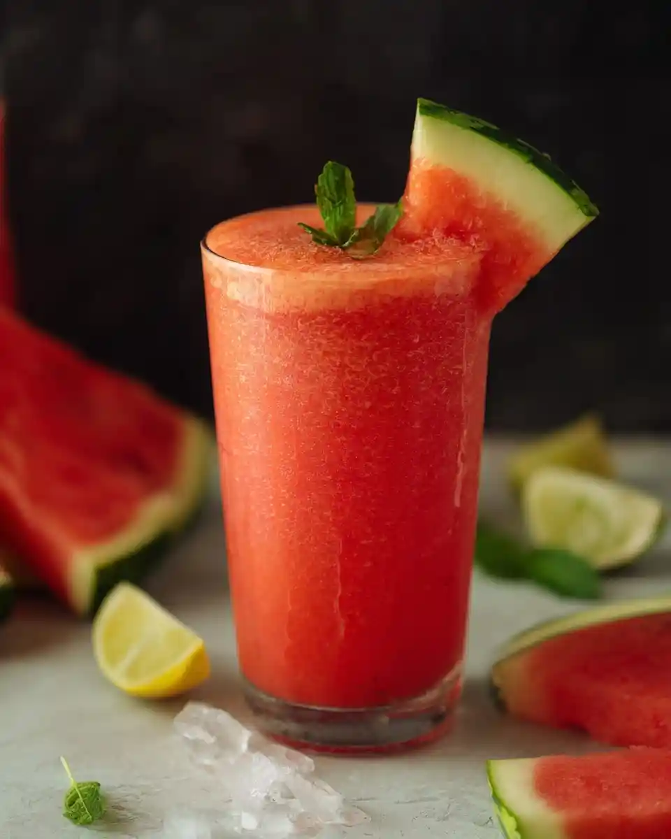 A tall glass of a refreshing watermelon smoothie garnished with fresh mint, surrounded by lime and ice.