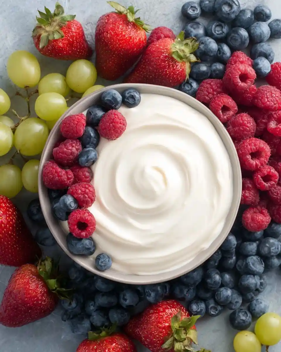 A creamy {{ $('Fetch Recipe Data').first().json["Main Keyword"] }} topped with berries and surrounded by fresh fruit.