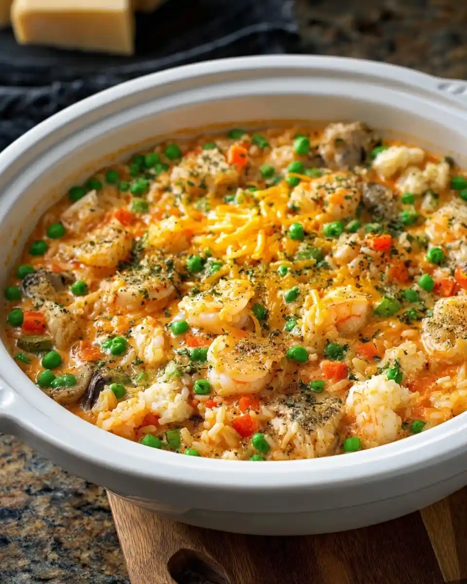 A white serving bowl filled with creamy shrimp and rice casserole, topped with melted cheese, peas, and fresh herbs.