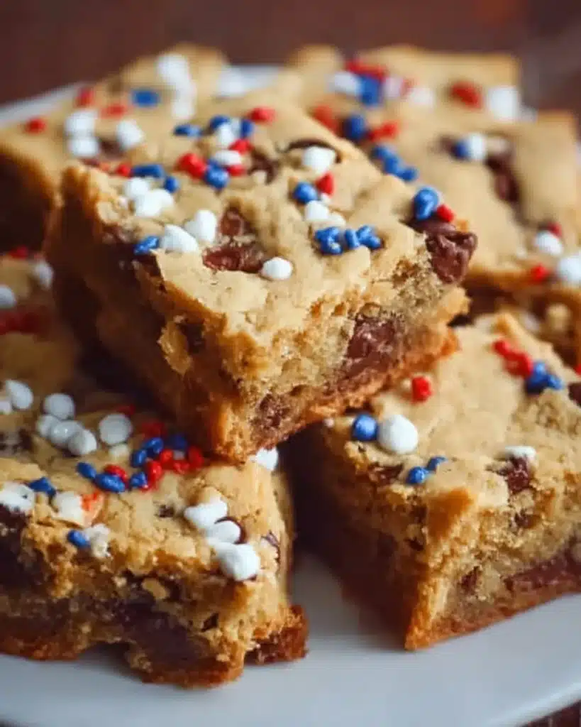Delicious 4th July chocolate chip cookie bars on a festive table.