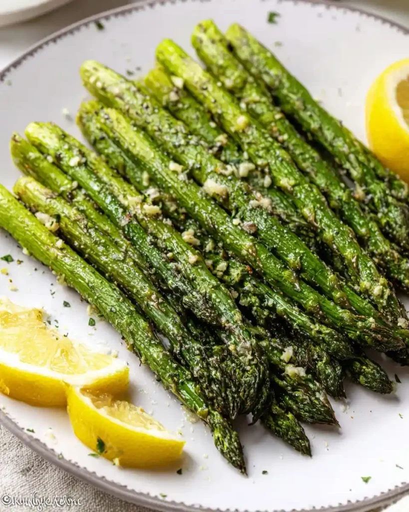 A plate of freshly roasted asparagus seasoned with minced garlic, herbs, and lemon wedges.
