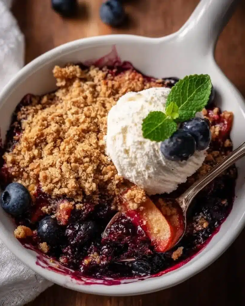 Delicious Apple Blueberry Crisp topped with oats and cinnamon