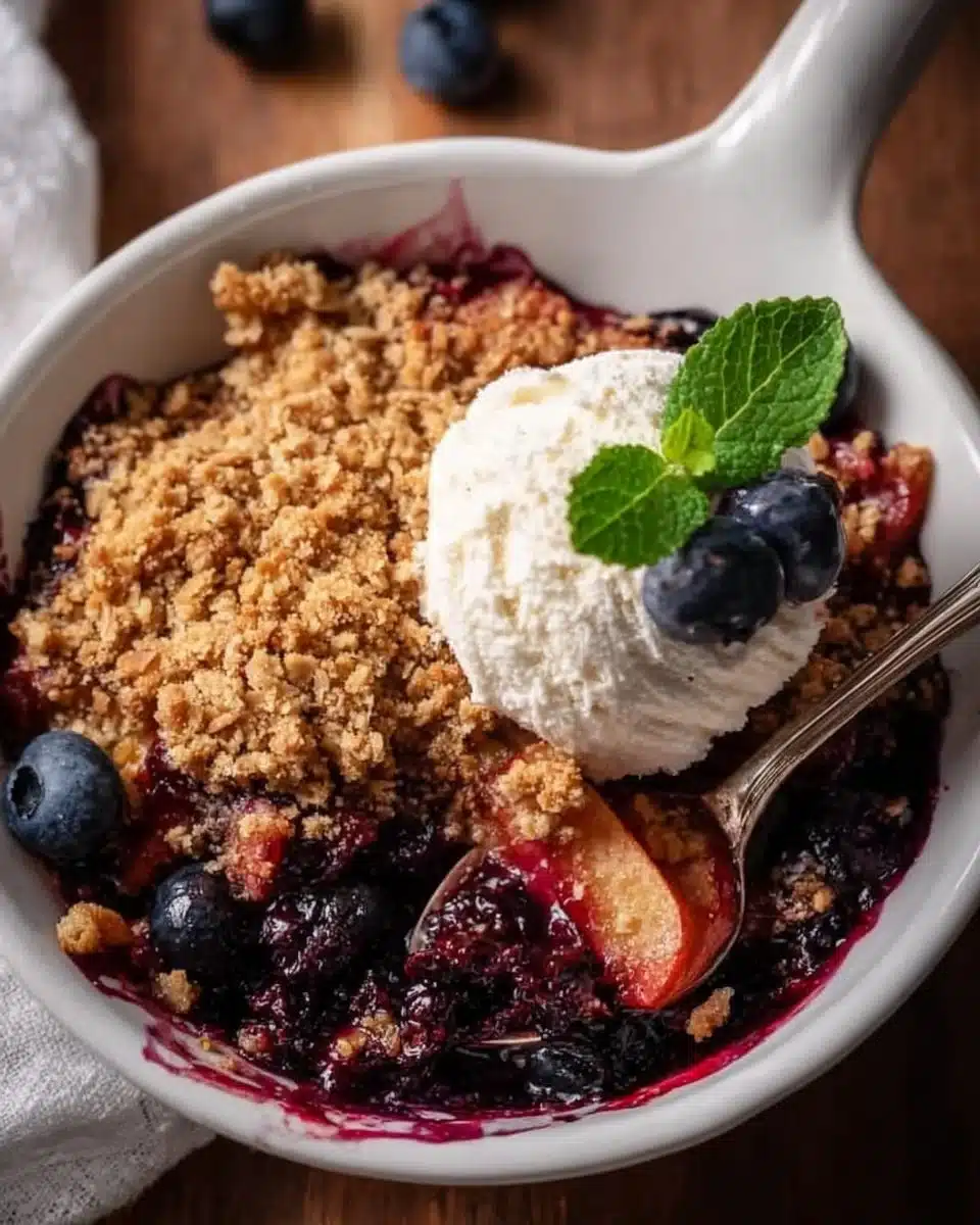 Delicious Apple Blueberry Crisp topped with oats and cinnamon