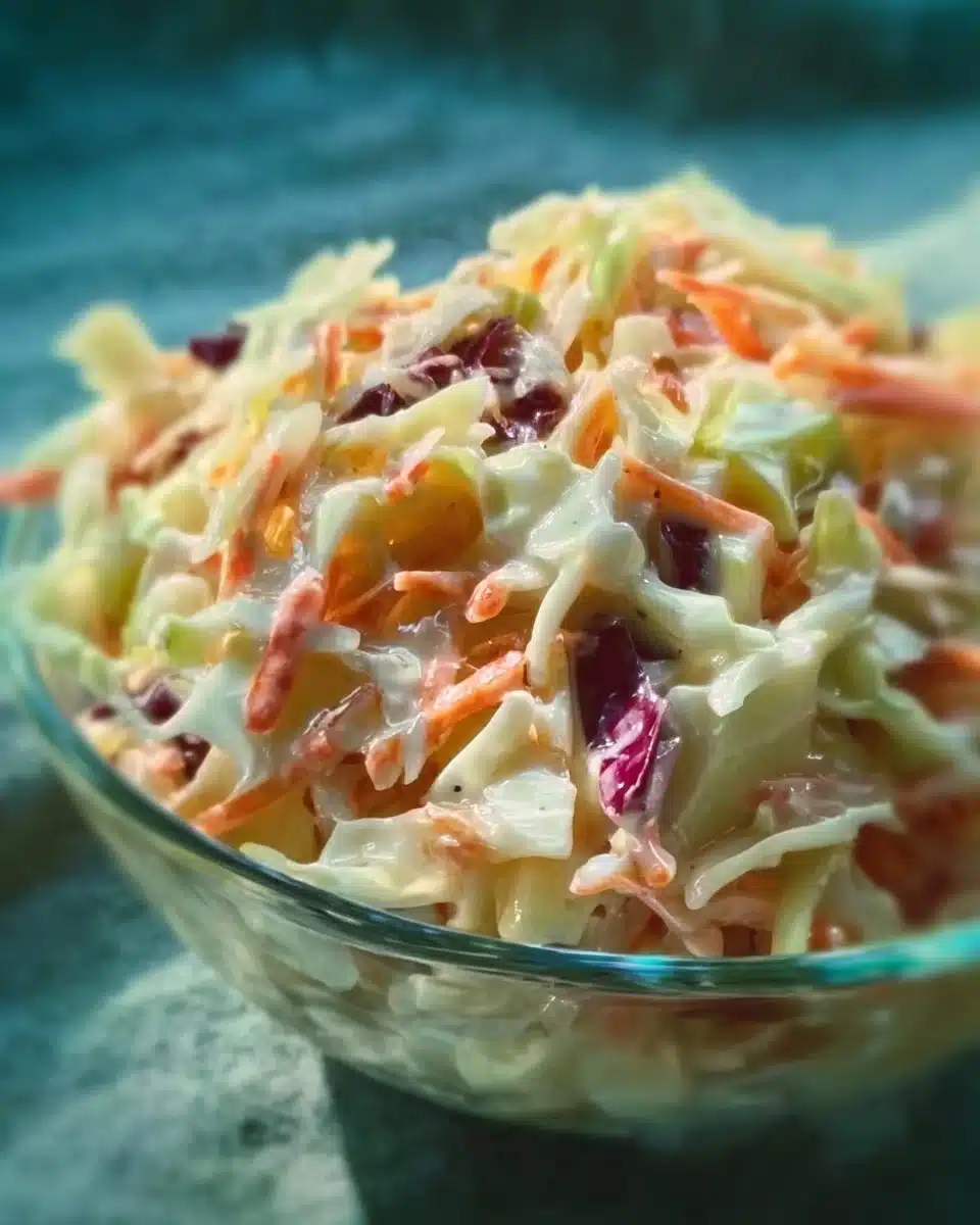 Fresh apple coleslaw served in a bowl with a vibrant color mix