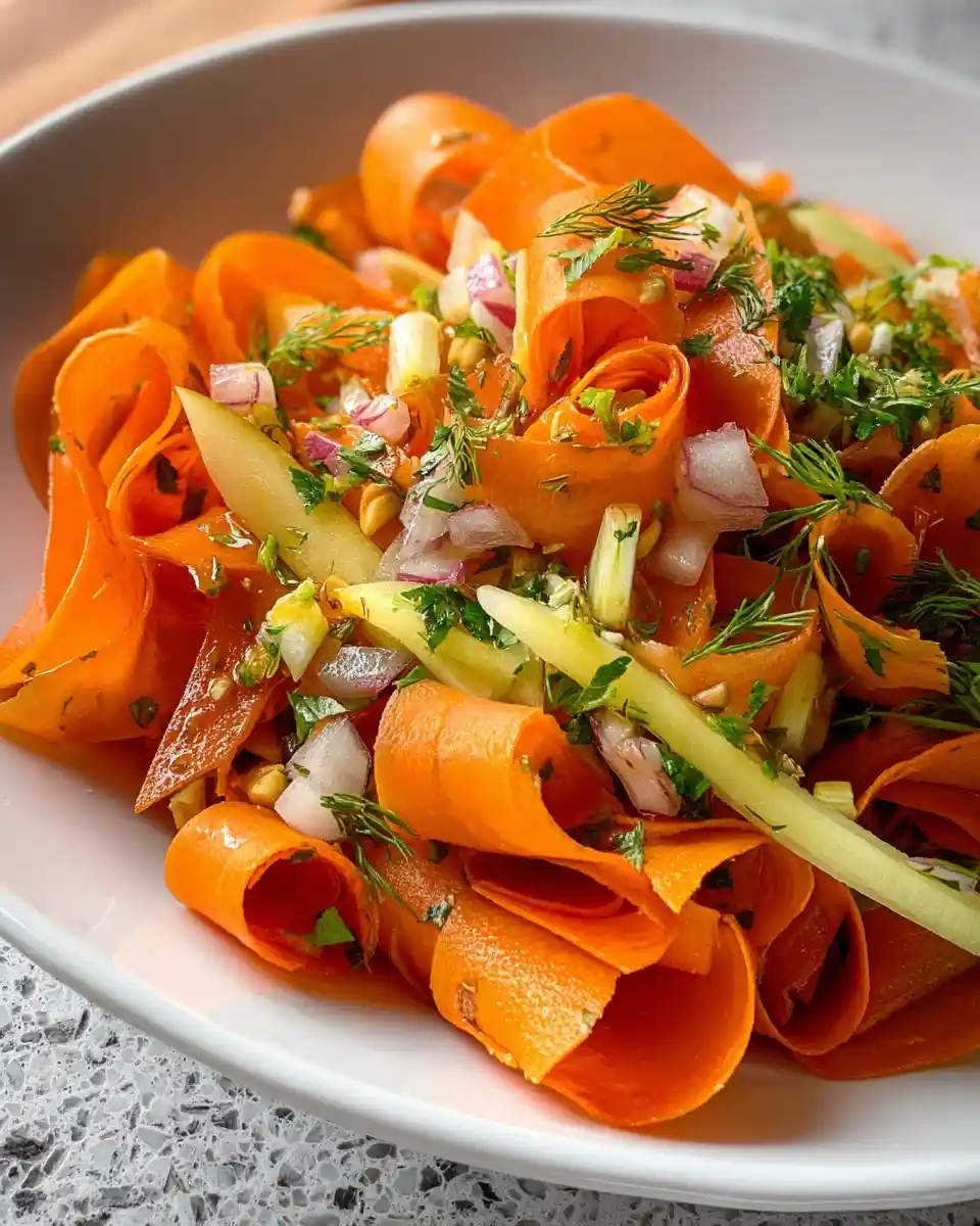 A close-up of a fresh carrot ribbon salad with diced red onions and dill in a white bowl.