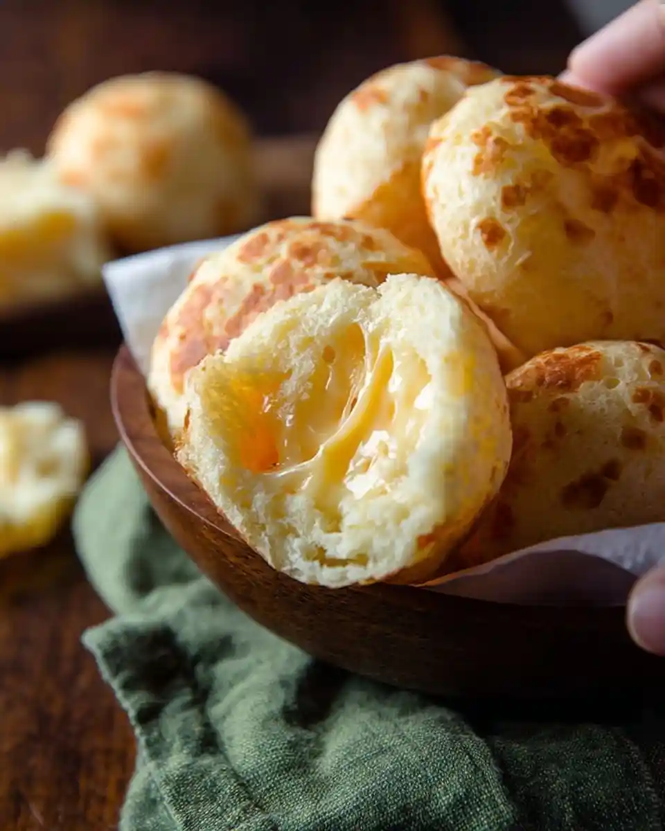 A wooden bowl filled with warm Brazilian cheese bread, with one broken open showing gooey melted cheese inside.