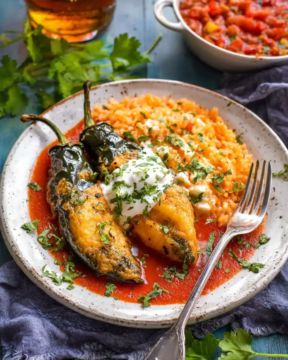 A plate of authentic Chiles Rellenos in red sauce, served with Mexican rice, crema, and fresh cilantro.