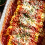 A baking dish filled with delicious {{ $('Fetch Recipe Data').first().json["Main Keyword"] }} topped with marinara sauce and fresh herbs.