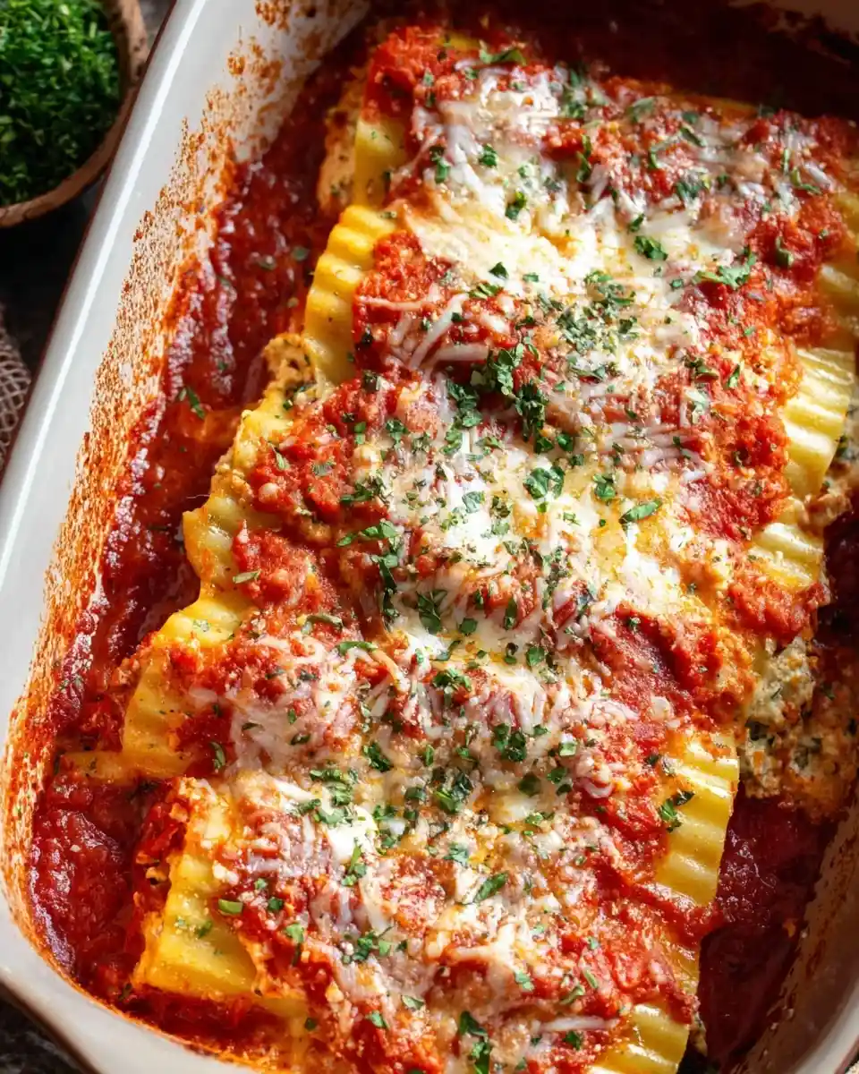 A baking dish filled with delicious {{ $('Fetch Recipe Data').first().json["Main Keyword"] }} topped with marinara sauce and fresh herbs.