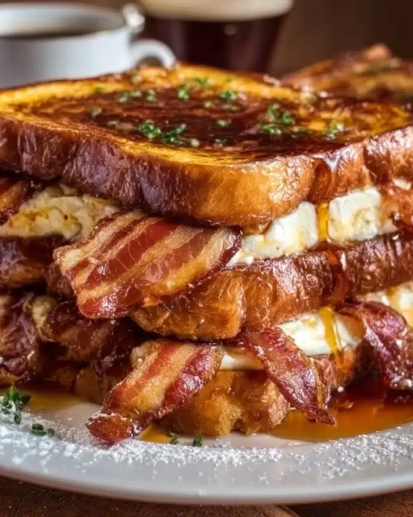 Bacon Cream Cheese Stuffed Brioche French Toast on a plate garnished with syrup.