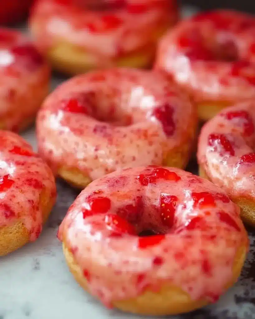 Baked strawberry glazed cake donuts on a white plate.