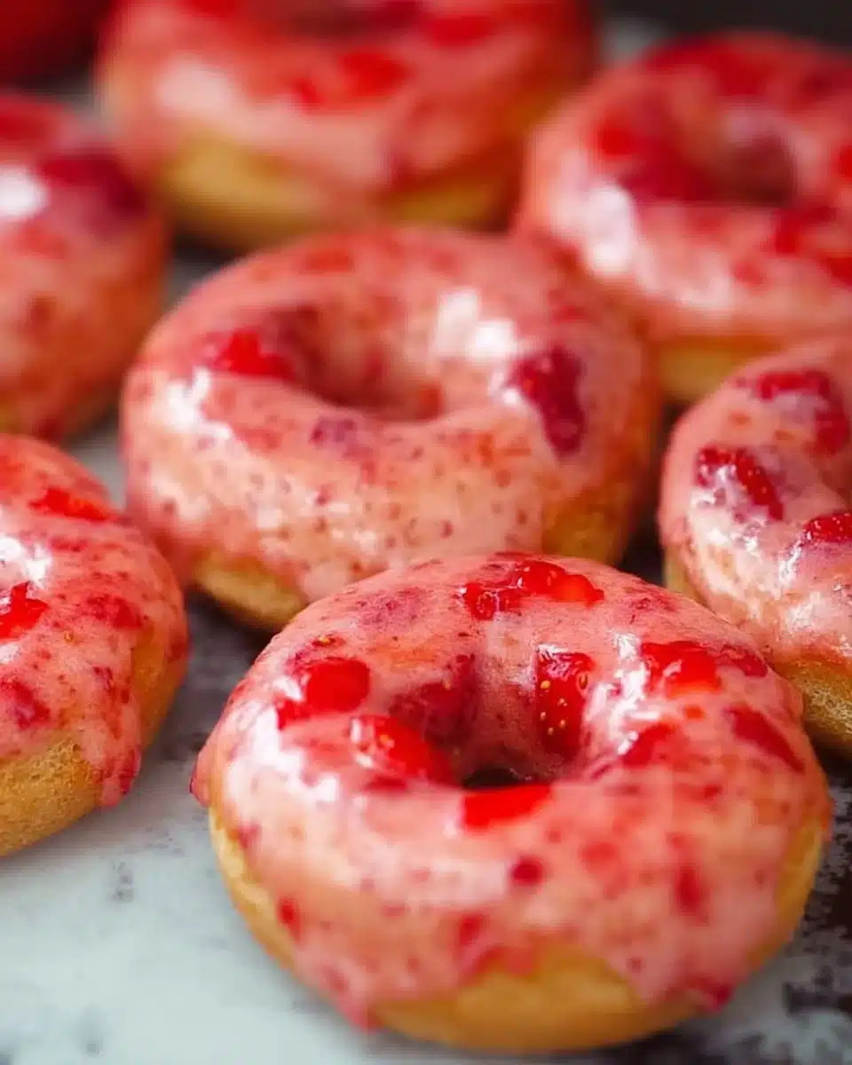 Baked strawberry glazed cake donuts on a white plate.