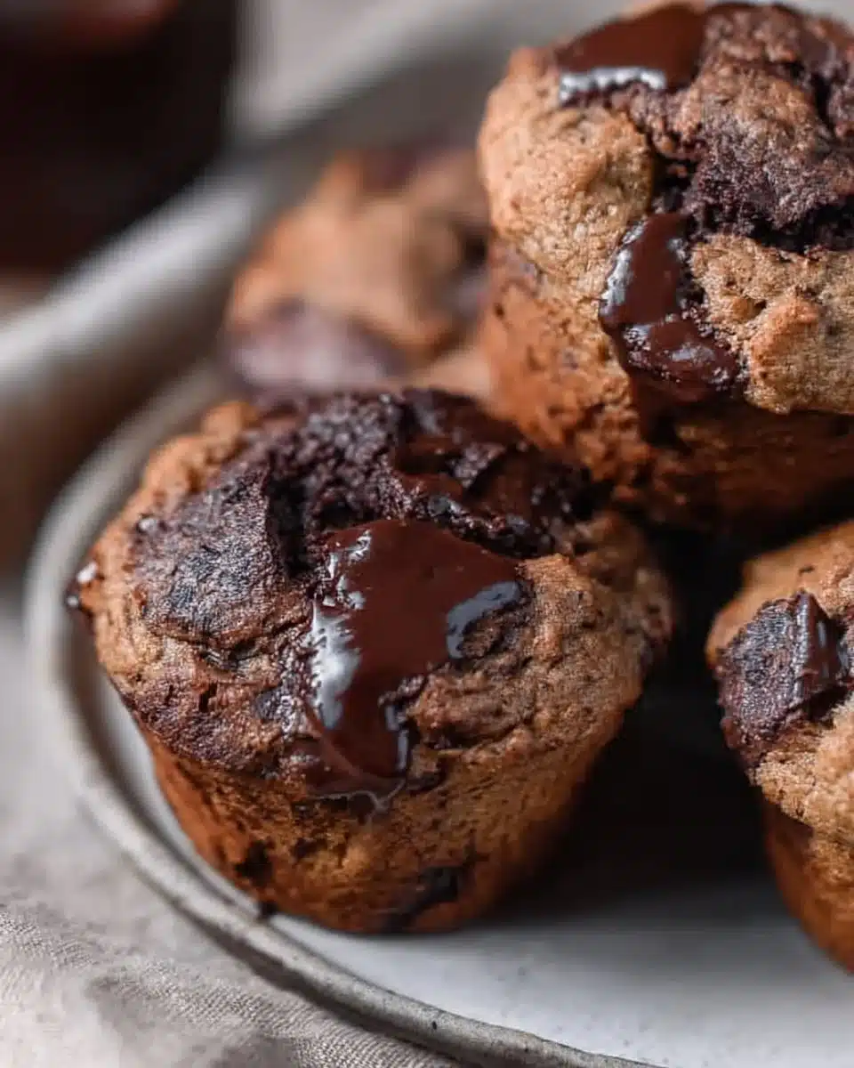 Bakery style chocolate chunk muffins with rich chocolate chunks on a plate