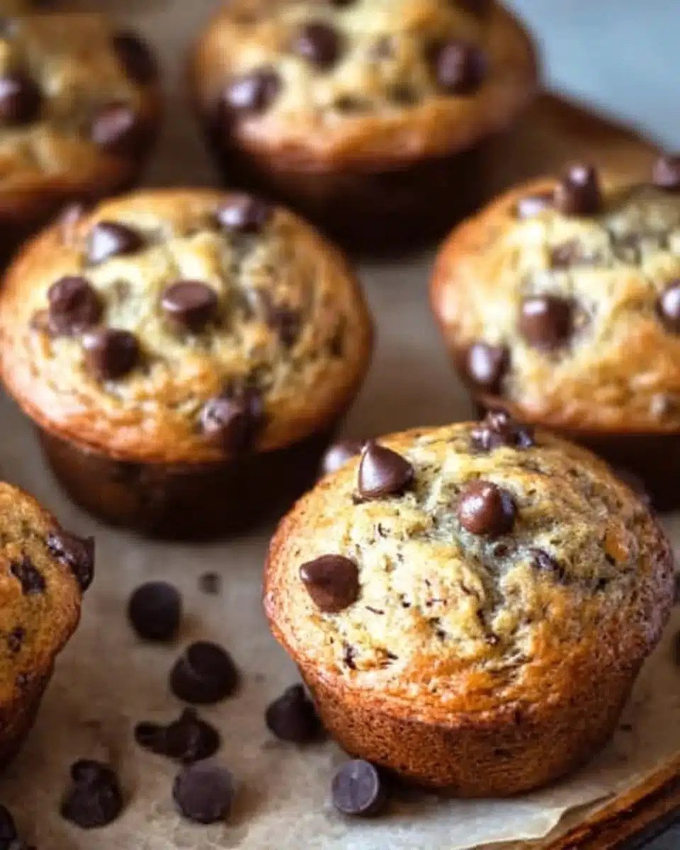 Freshly baked banana chocolate chip muffins on a cooling rack