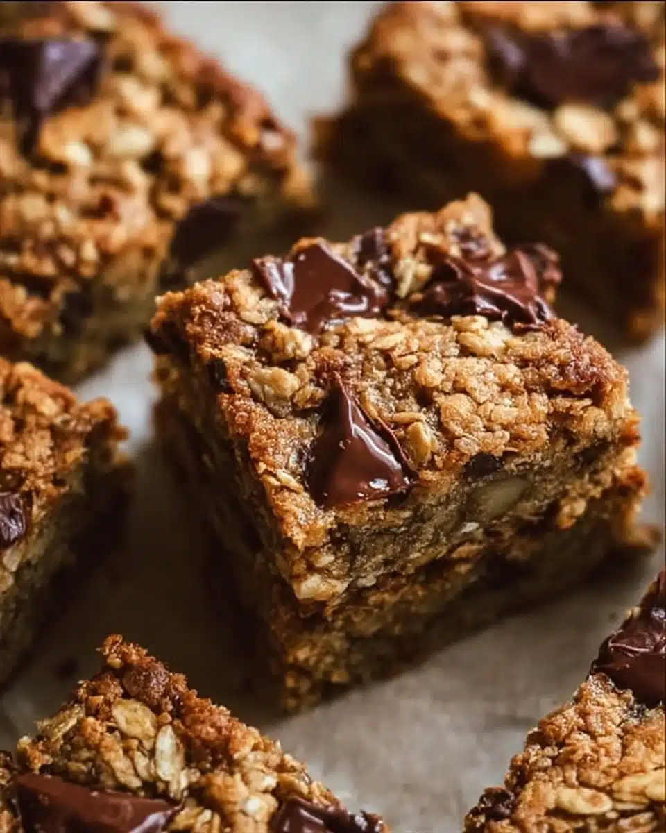 Homemade Banana Chocolate Chip Oatmeal Bars on a wooden cutting board