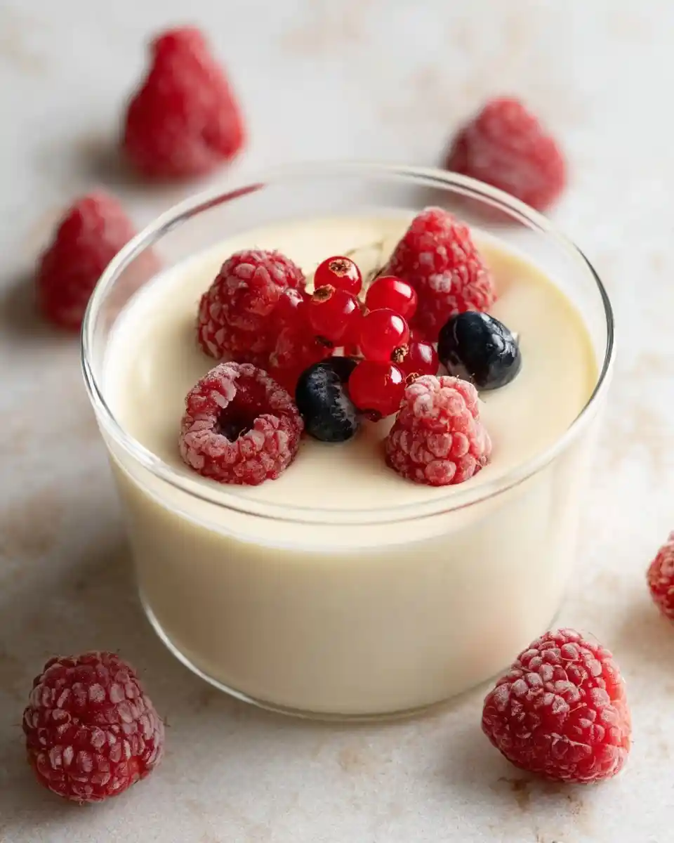 Creamy {{ $('Fetch Recipe Data').first().json["Main Keyword"] }} topped with frozen mixed berries.