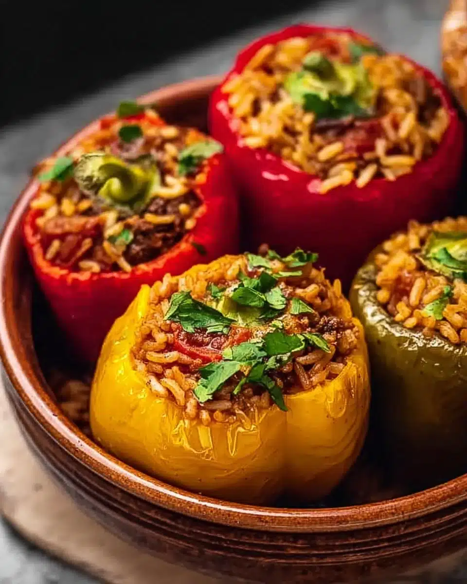 Delicious beef stuffed peppers filled with rice and spices
