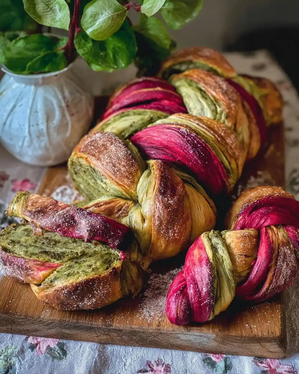 A freshly baked {{ $('Fetch Recipe Data').first().json["Main Keyword"] }} with vibrant green and pink layers dusted with sugar.