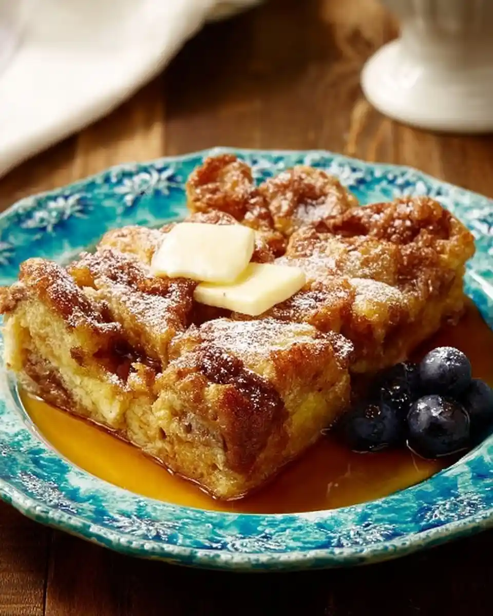 A serving of {{ $('Fetch Recipe Data').first().json["Main Keyword"] }} on a blue plate, topped with powdered sugar, butter, and syrup.