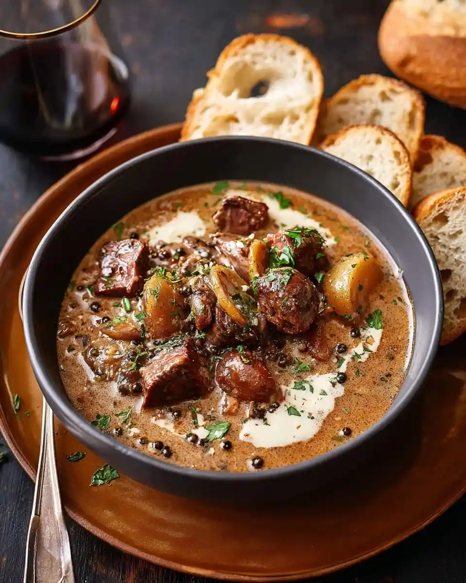 A dark bowl filled with rich, creamy steak and potato soup, garnished with herbs and served with crusty bread.