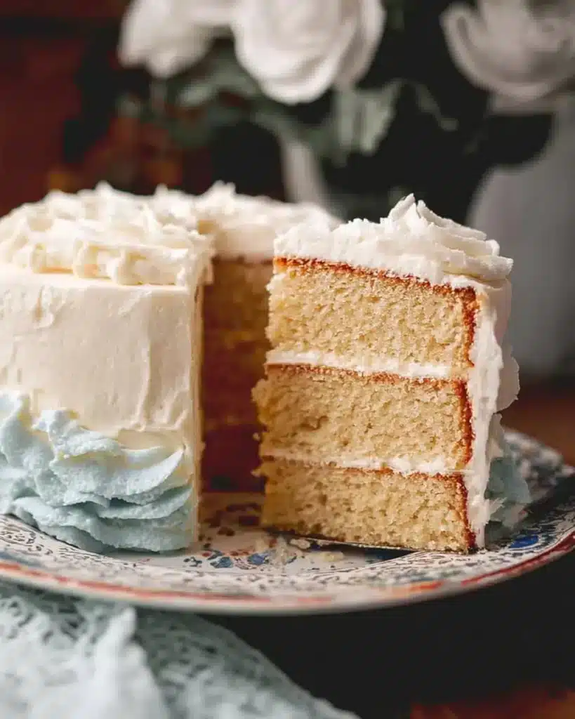 Delicious vanilla cake with smooth buttercream frosting on top