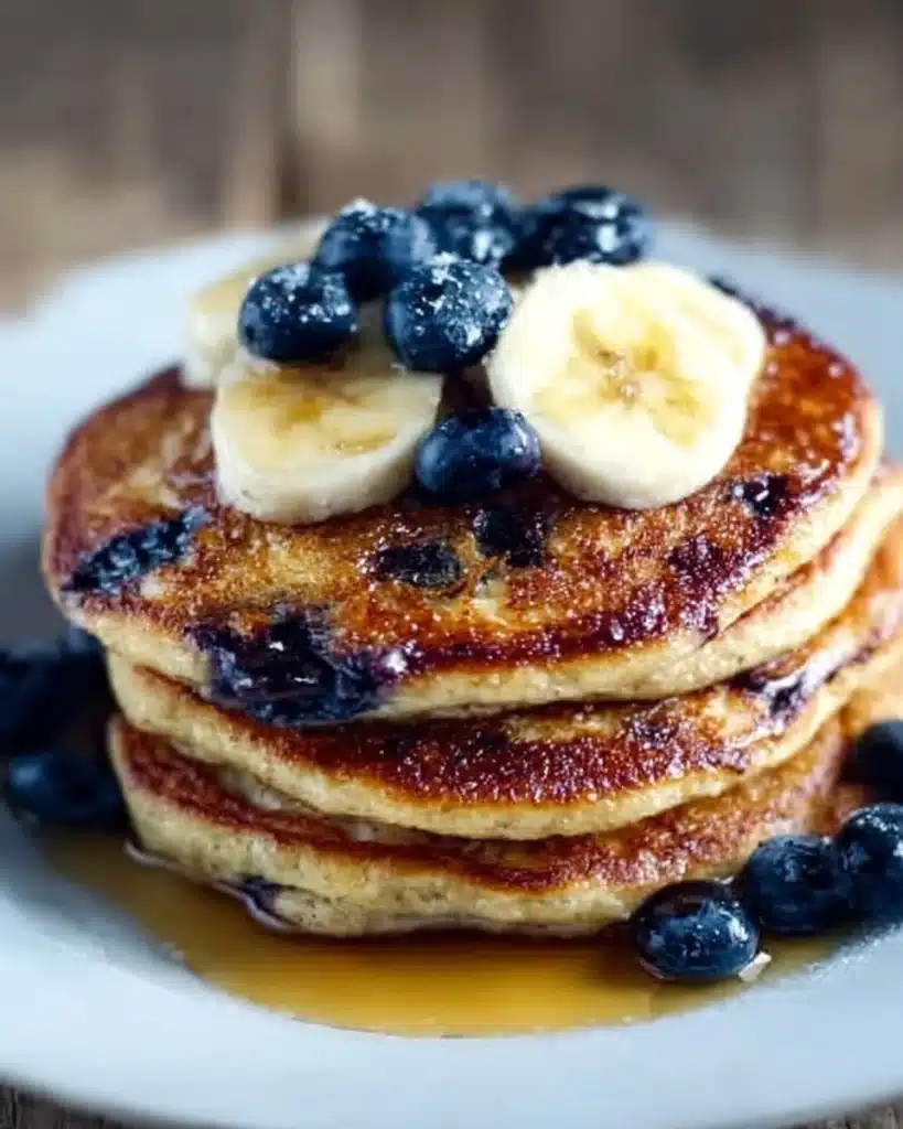 Blueberry Banana Pancakes topped with fresh berries and syrup on a plate