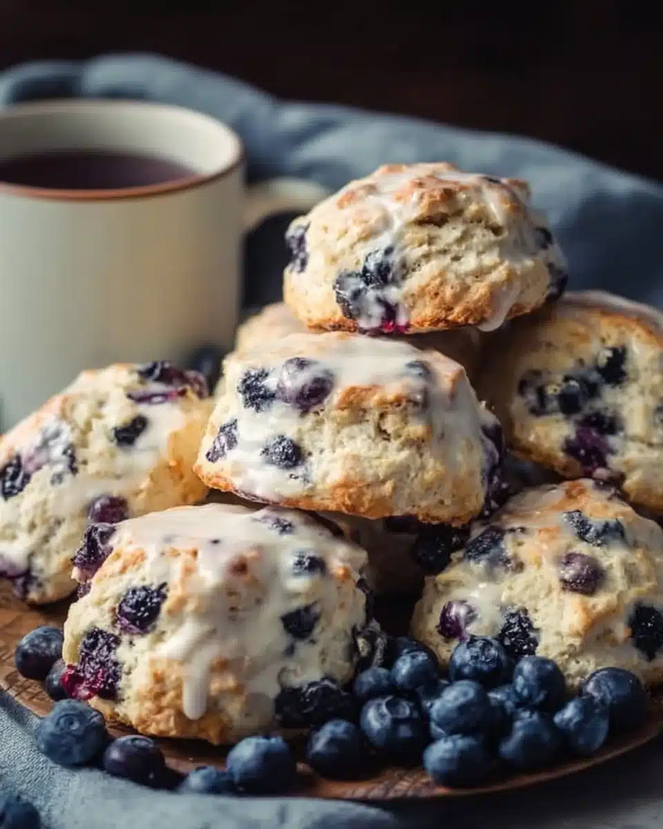 Freshly baked blueberry biscuits on a plate, perfect for breakfast.