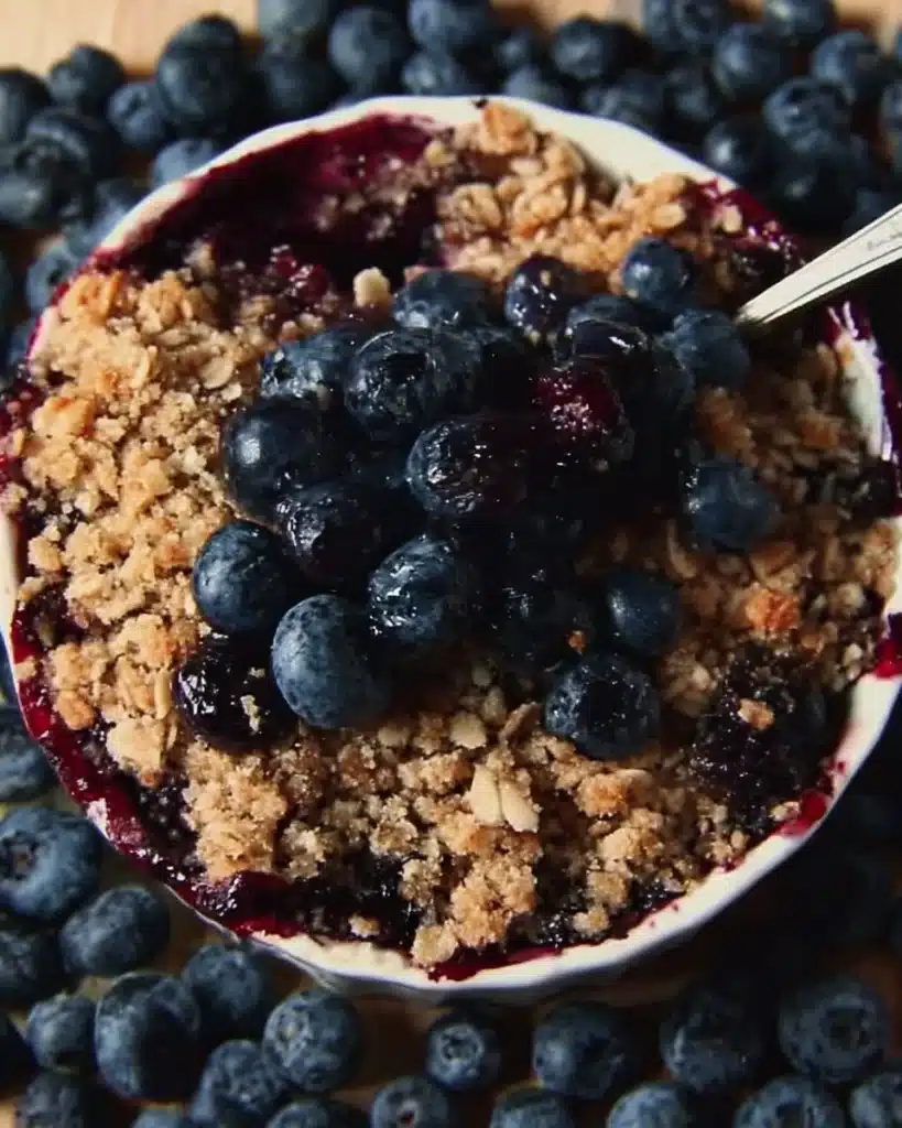 Delicious homemade blueberry crisp with a crunchy topping and fresh blueberries