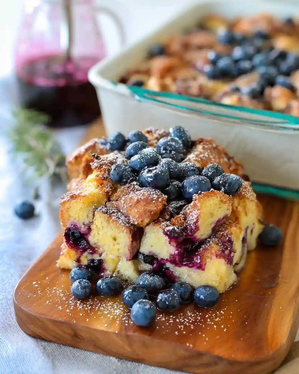 A slice of blueberry French toast casserole topped with fresh berries and powdered sugar on a wooden board.