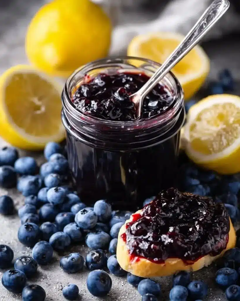 Homemade blueberry lemon jam in a jar with fresh blueberries and lemons