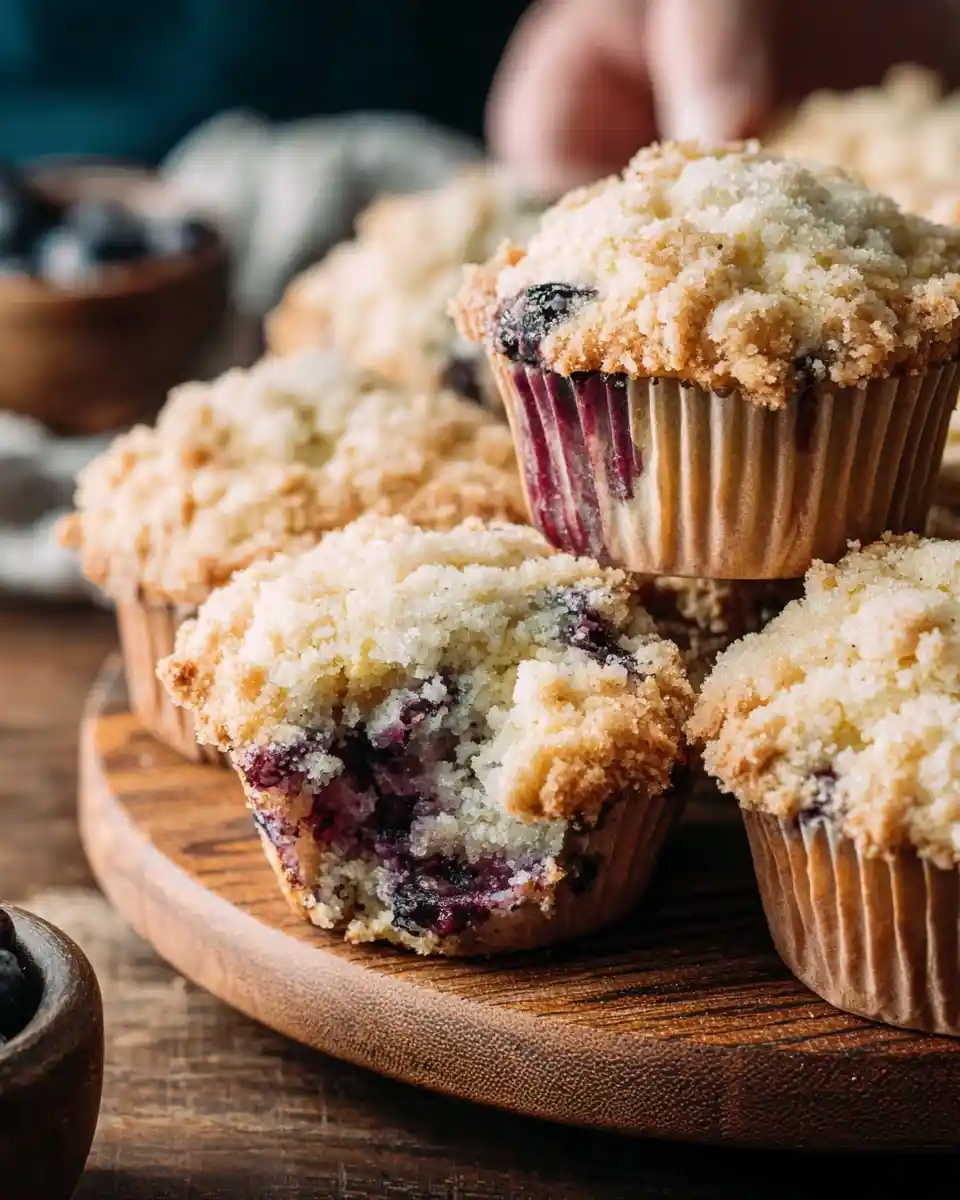 Freshly baked blueberry muffins with crumb topping on a wooden board, one broken open to reveal berries inside.