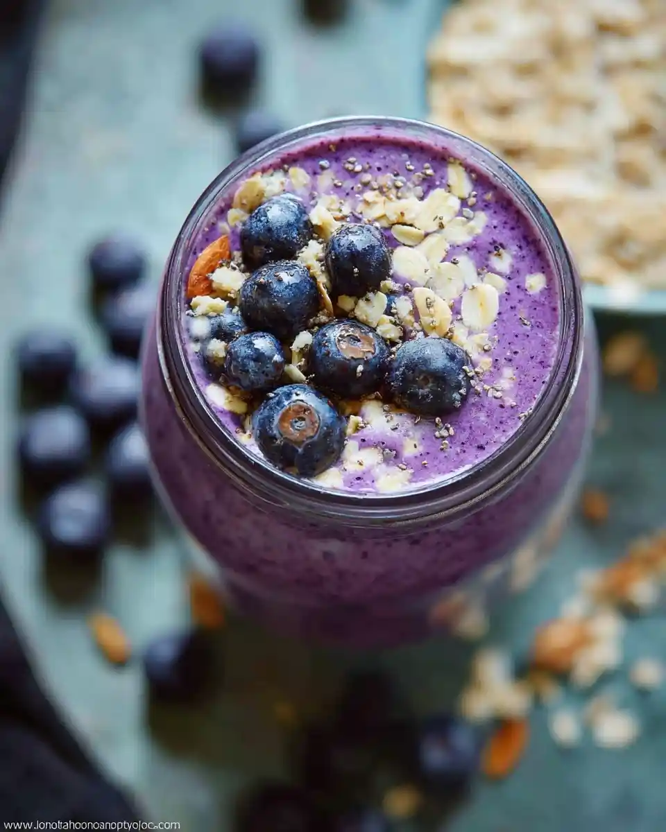 A close-up view of a vibrant purple blueberry smoothie in a glass jar, topped with fresh blueberries, oats, and chia seeds.