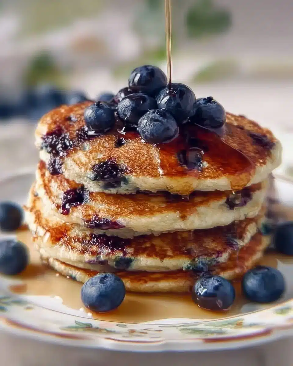 Delicious blueberry pancakes topped with fresh berries and syrup