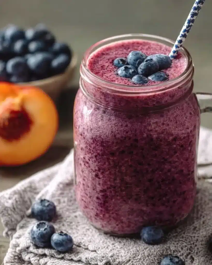 Delicious Blueberry Peach Smoothie in a glass with fresh fruits