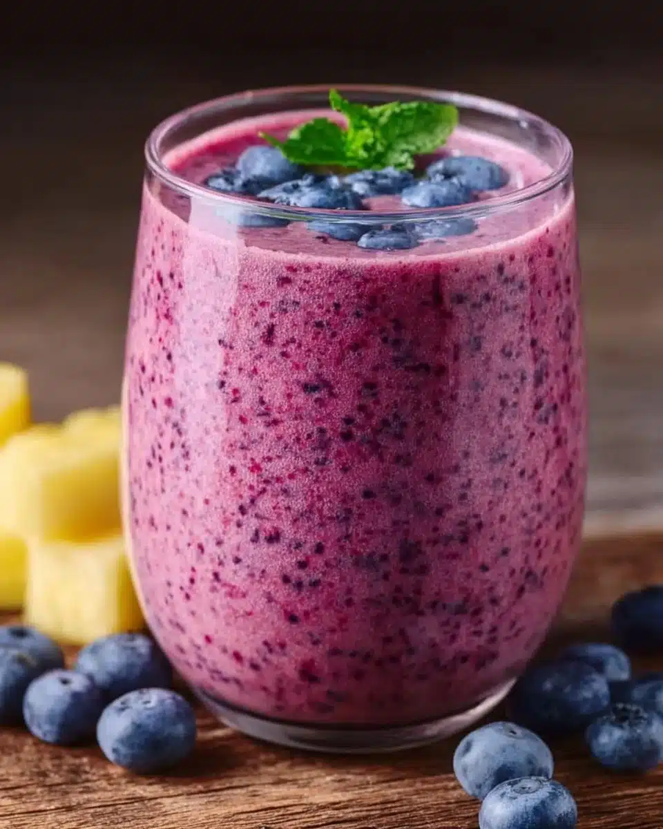 Delicious blueberry pineapple smoothie in a glass with fresh fruits.