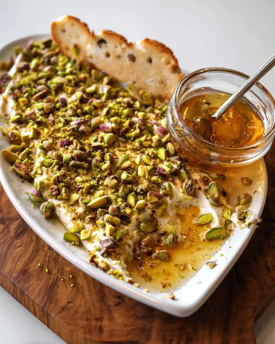 A white platter of whipped ricotta dip topped with chopped pistachios and honey, alongside crostini.