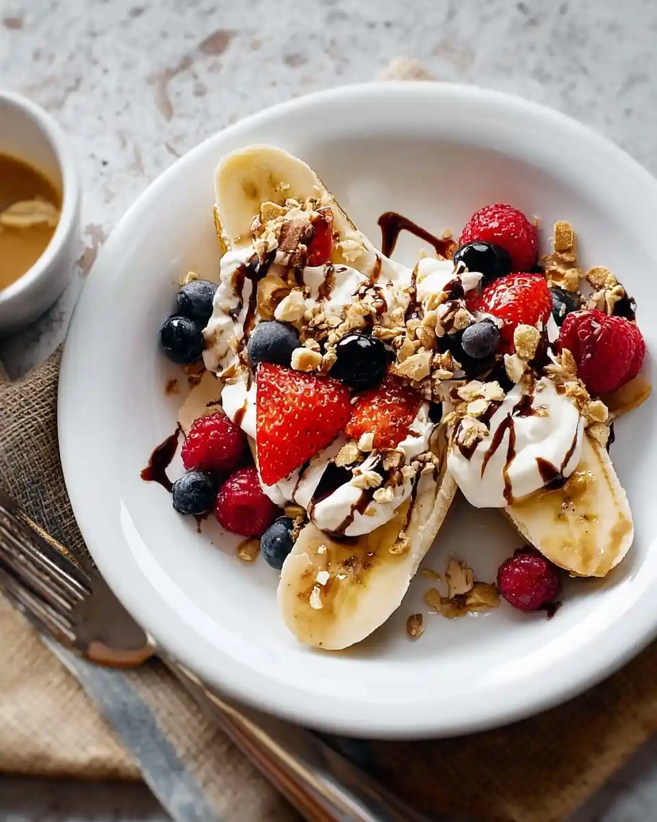 A healthy banana split topped with yogurt, mixed fresh berries, granola, and a chocolate drizzle.