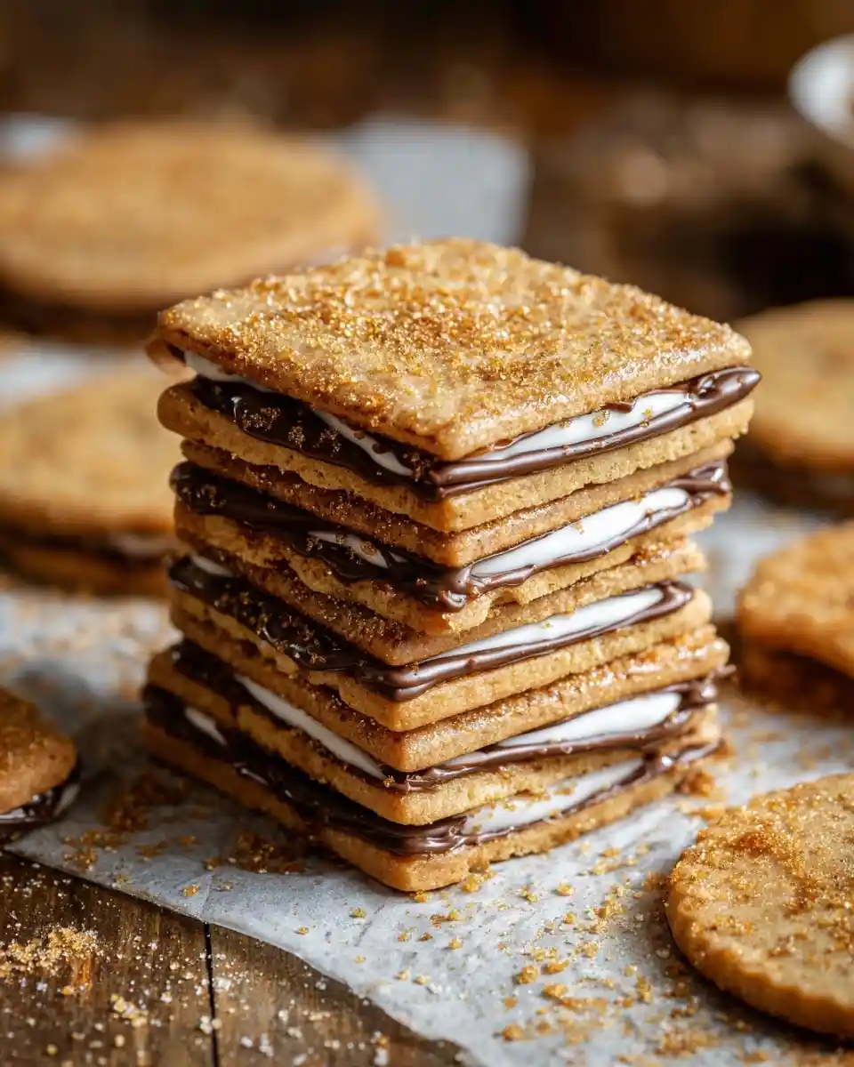 Close-up of a tall, gooey stack of {{ $('Fetch Recipe Data').first().json["Main Keyword"] }} with chocolate and marshmallow.