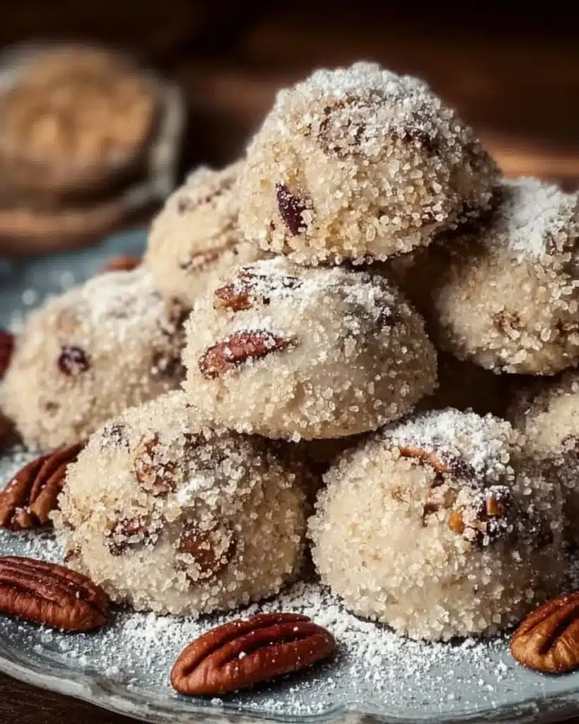 Buttery pecan snowball cookies dusted with powdered sugar on a plate