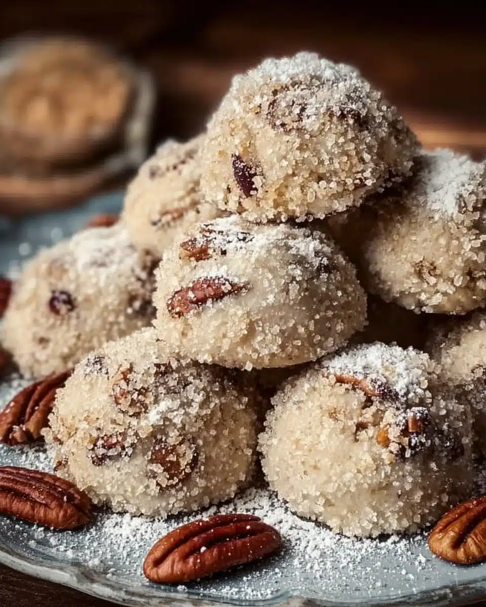 Buttery pecan snowball cookies dusted with powdered sugar on a plate
