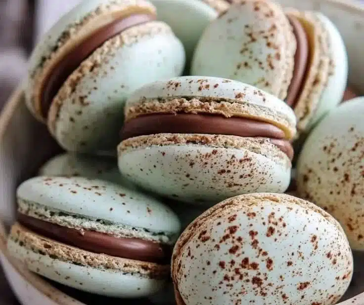 Delicious Cadbury Egg Macarons displayed elegantly on a plate.
