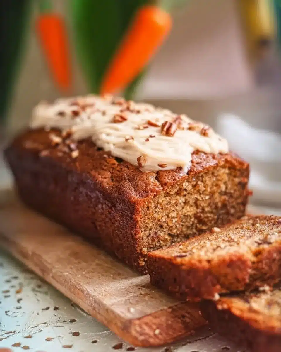 Delicious slice of Carrot Cake Banana Bread garnished with nuts and cream cheese frosting.