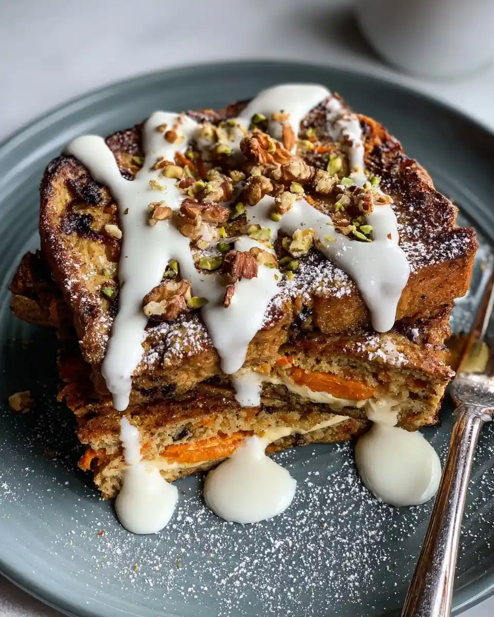 A stack of carrot cake stuffed french toast topped with white cream cheese icing, chopped nuts, and powdered sugar.