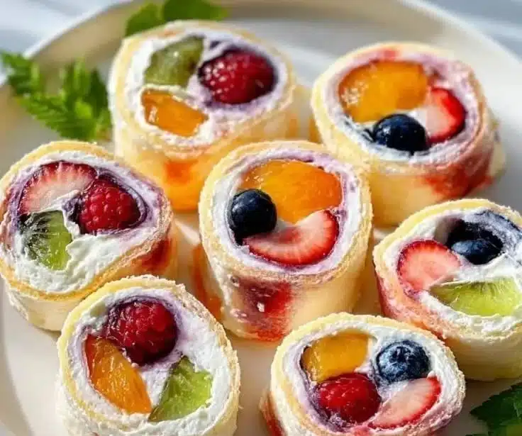 Delicious cheesecake fruit roll-ups filled with fresh fruit and creamy filling