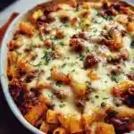 Cheesy ground beef pasta bake topped with melted cheese and herbs in a baking dish.