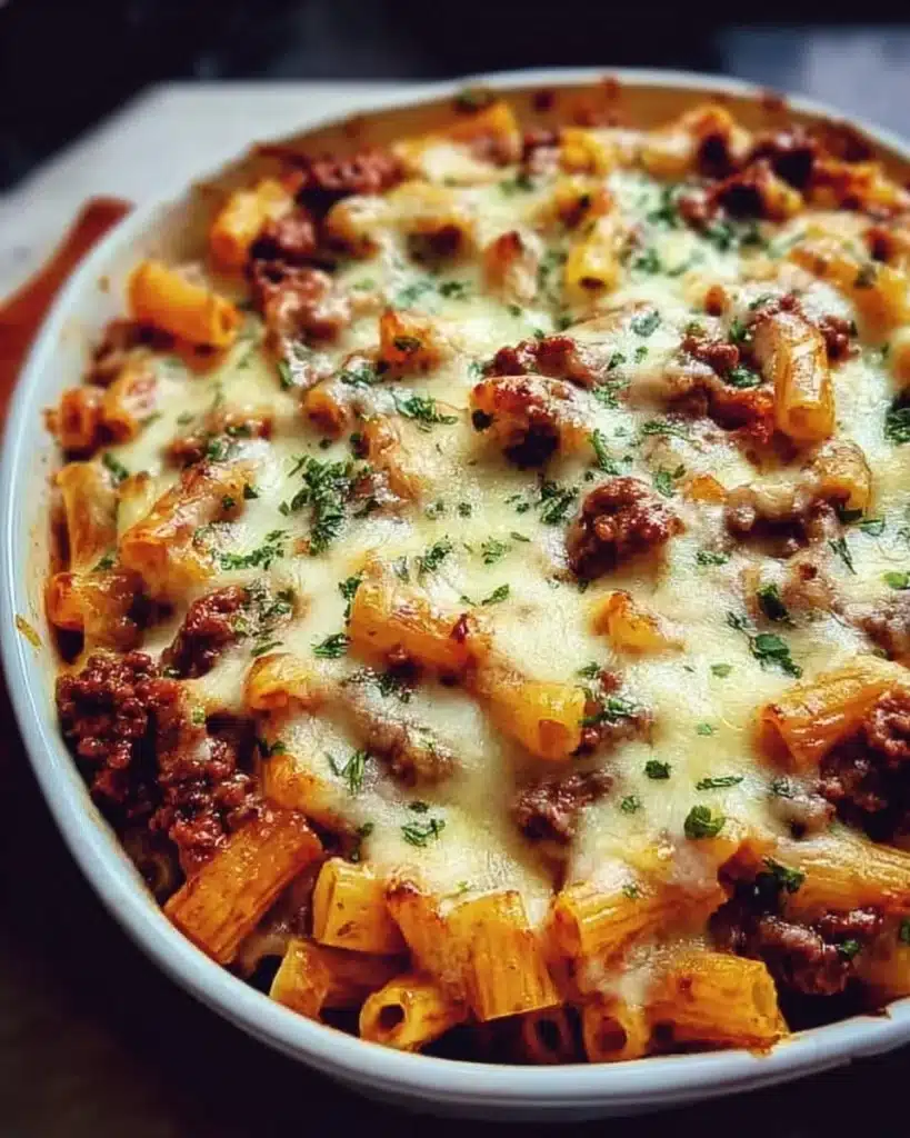 Cheesy ground beef pasta bake topped with melted cheese and herbs in a baking dish.